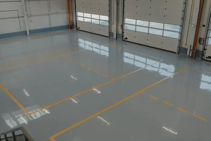 Glossy commercial epoxy floor with safety lines by 210 Epoxy Pros